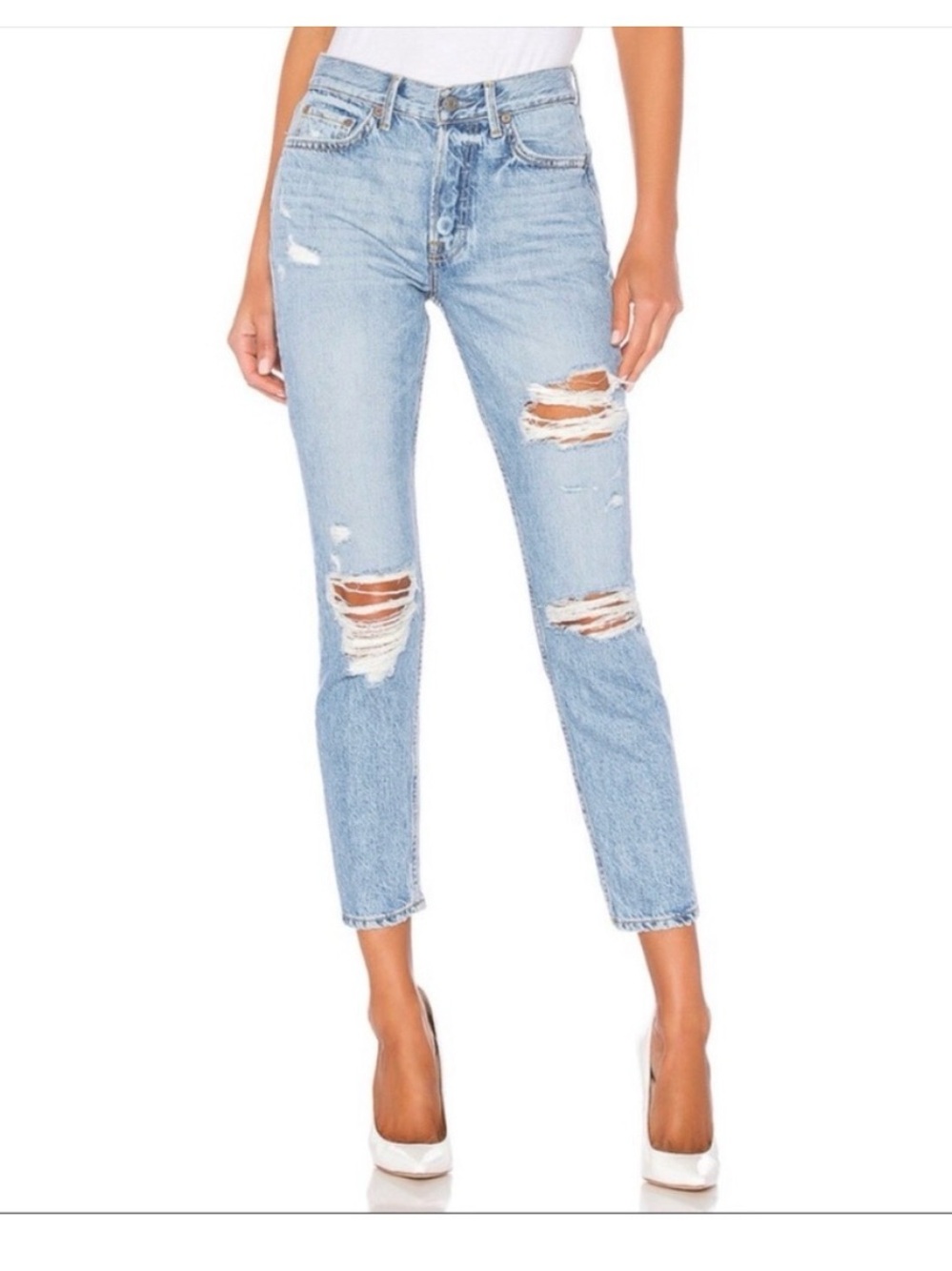 GRLFRND Fen high-rise distressed skinny relaxed taper jeans light wash size 26